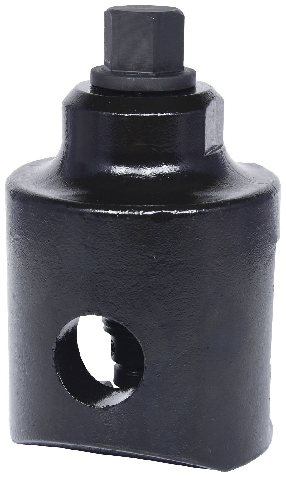 Schwarzes Metallwerkzeug mit einer Sechskantöffnung oben und einer runden Öffnung an der Seite, vermutlich ein Adapter oder Aufsatz.
