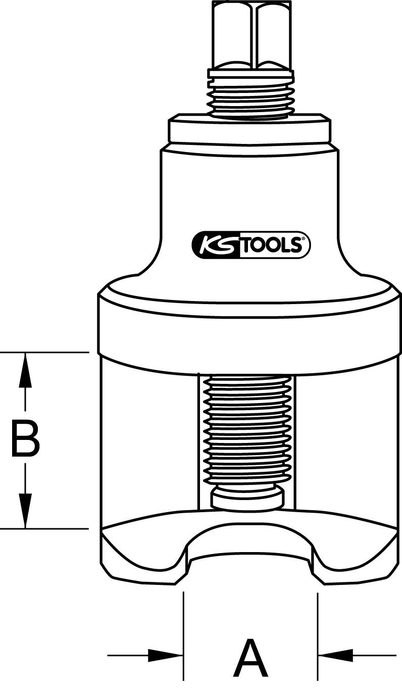 Illustration eines Werkzeuges zur Entfernung von Glühkerzen. Zeigt ein zylindrisches Design mit Maßen: A und B an Seiten dargestellt.