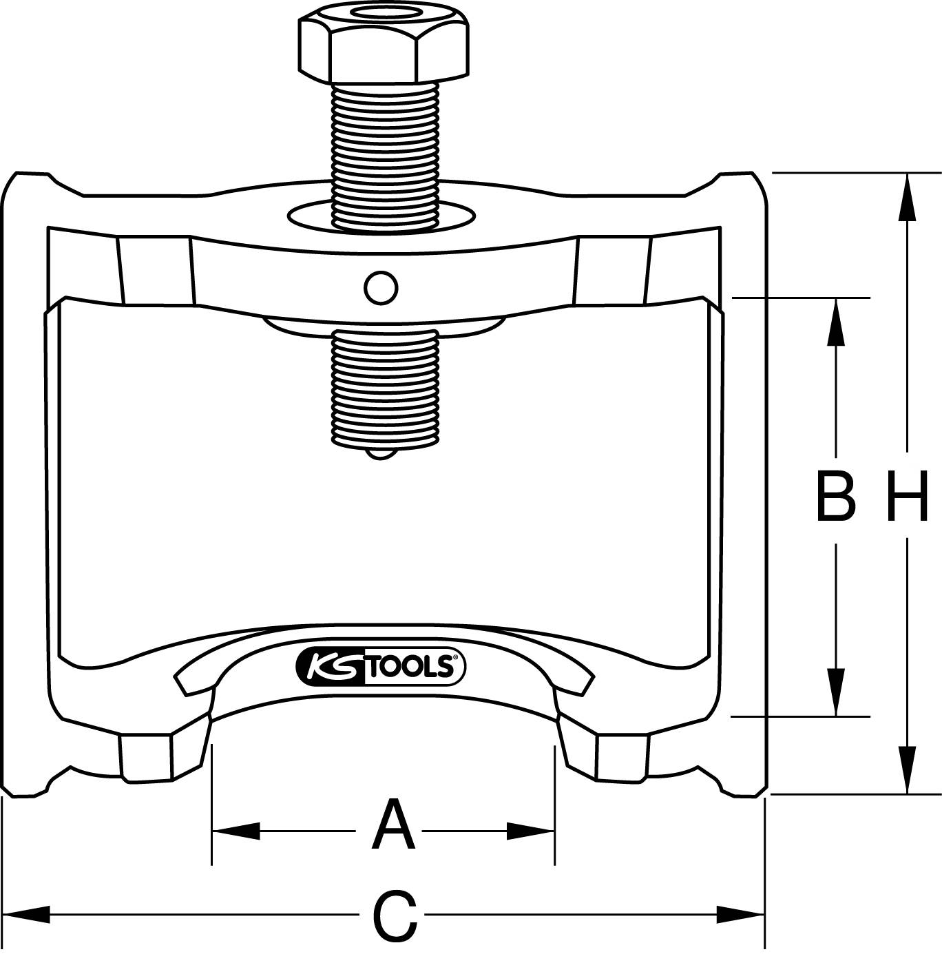 Technische Zeichnung eines Abziehers mit Schraube oben. Maße A, B, C und H sind eingezeichnet. Markierung 'KS Tools' auf Gerät.