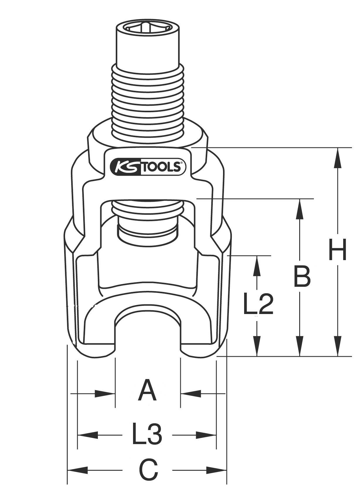 Technische Zeichnung eines Werkzeugs mit Beschriftungen der Maße A, B, C, L2, L3 und H. Oben ist das Logo 'KS TOOLS' sichtbar.
