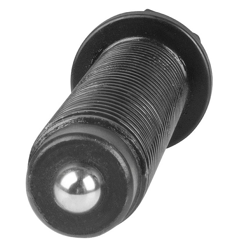 Ein schwarzer zylindrischer Metallstift mit geriffelter Oberfläche und einer glänzenden Kugelspitze oben.