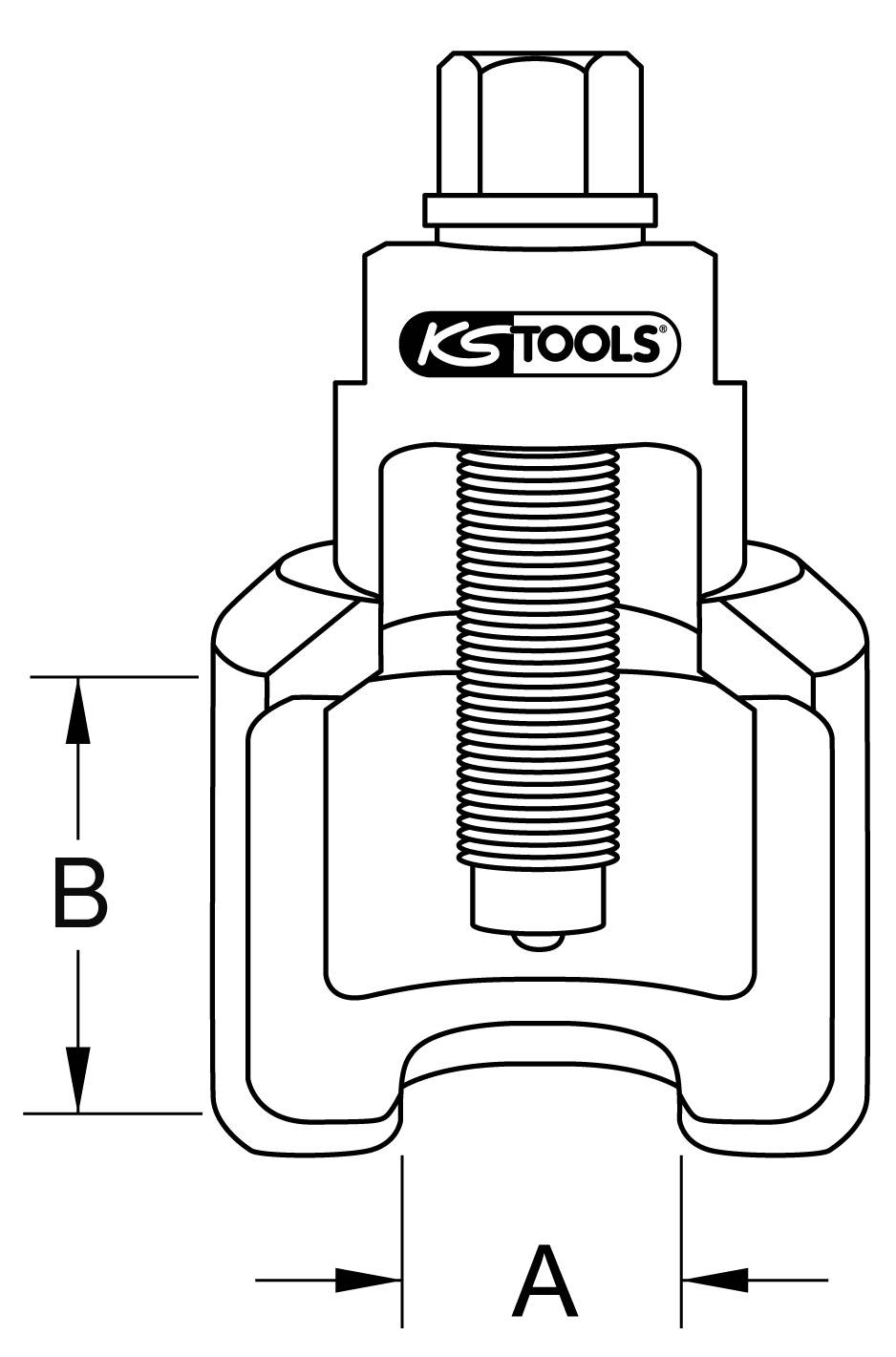 Spindel-Abzieher, technische Zeichnung. Maße A und B sind angegeben. Oberteil mit Gewinde und Logo 'KS Tools'.