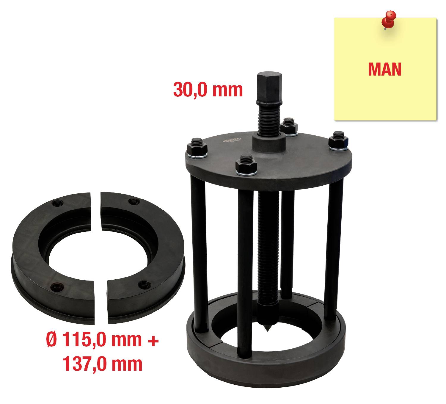 Werkzeug zur Montage mit Schrauben, Maßen: Ø 115,0 mm + 137,0 mm; Höhe 30,0 mm. Haftnotiz mit der Aufschrift MAN rechts oben.