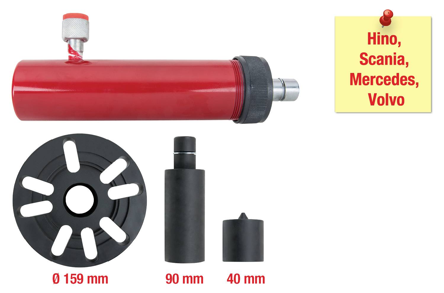 Rotes hydraulisches Werkzeugset mit Zubehörteilen. Passend für Hino, Scania, Mercedes und Volvo. Links: Zylinder und Adapter; rechts: Notiz.