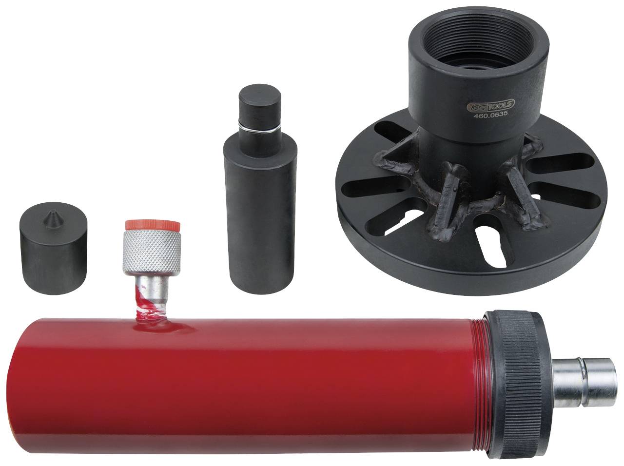 Ein roter hydraulischer Zylinder mit Zubehörteilen auf weißem Hintergrund, einschließlich Adapter und Düsenaufsätzen.