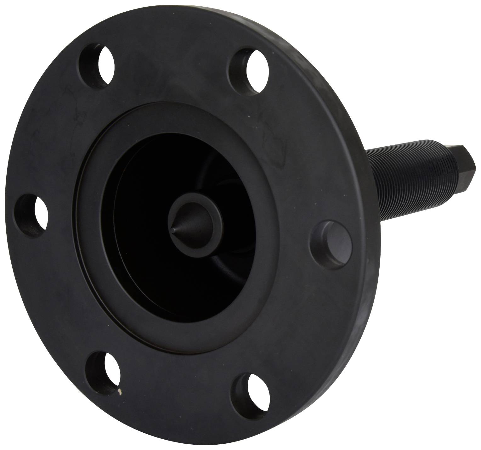 Schwarzer Maschinenbauteil mit Flansch und zentralem rotierenden Element, verwendet zur Befestigung oder Verbindung in technischen Anwendungen.