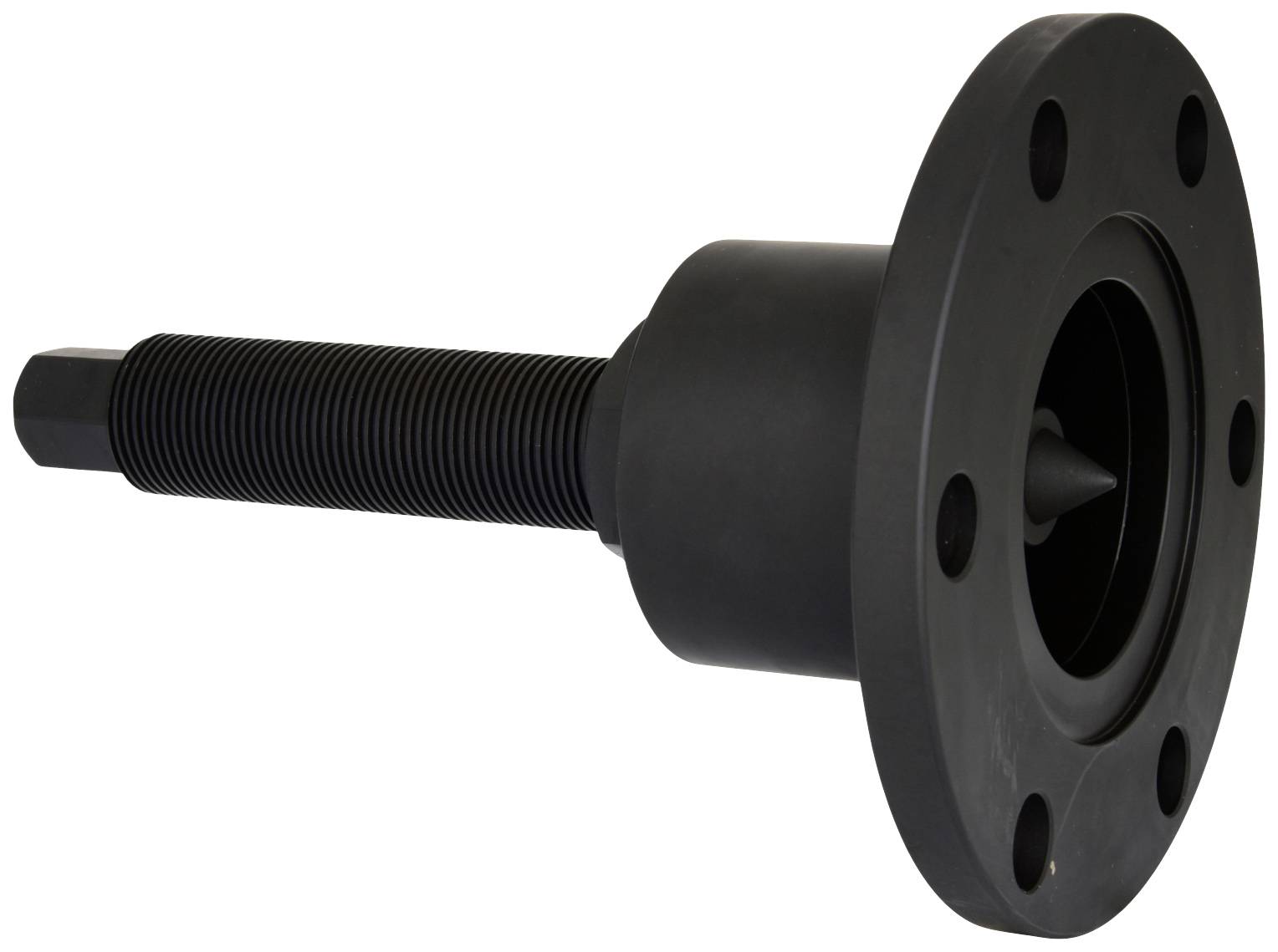 Ein schwarzes mechanisches Bauteil mit einer langen Schraube und einer runden Basis mit Löchern. Könnte Teil eines Werkzeugs sein.