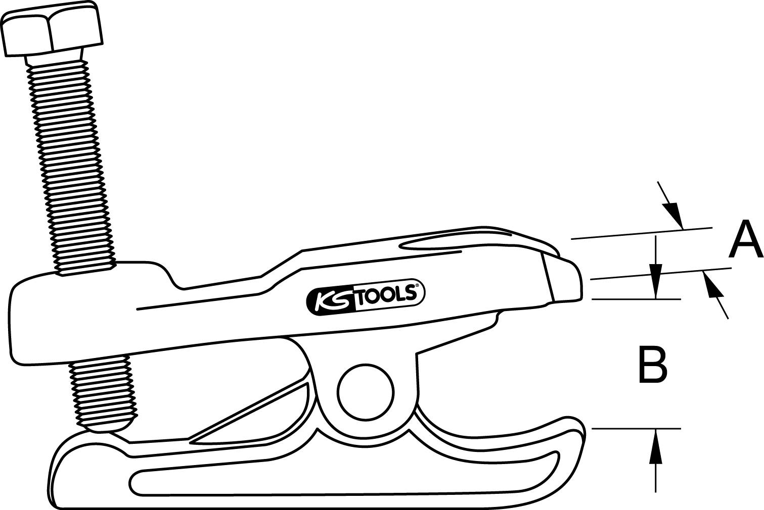 'KS Tools Abzieher' Illustration zeigt Teile A und B, gekennzeichnet mit Pfeilen zur Anzeige von Abständen. Schraube oben links.