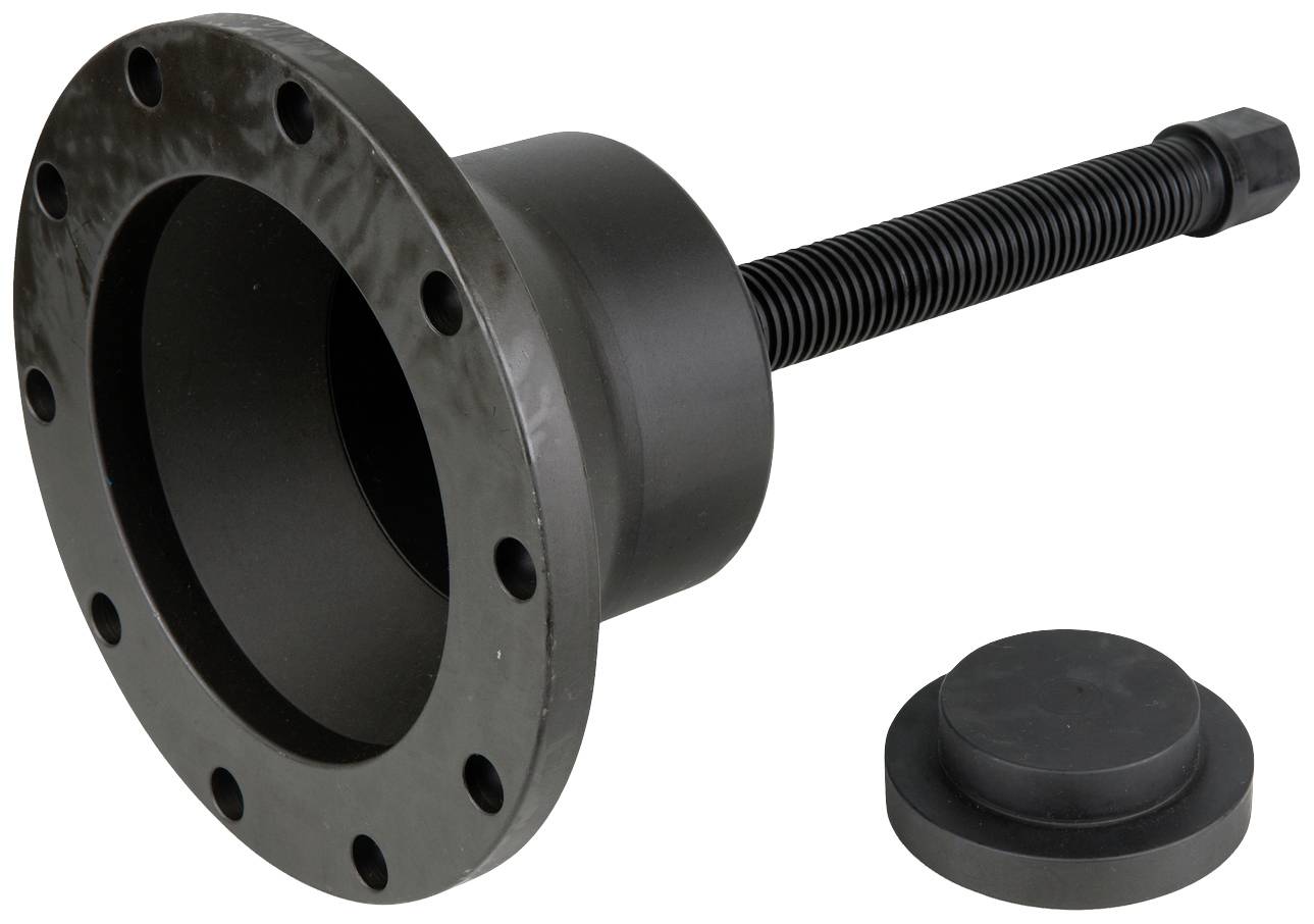 Schwarzes Metallflansch- und Schraubenset, möglicherweise für mechanische oder industrielle Anwendungen.
