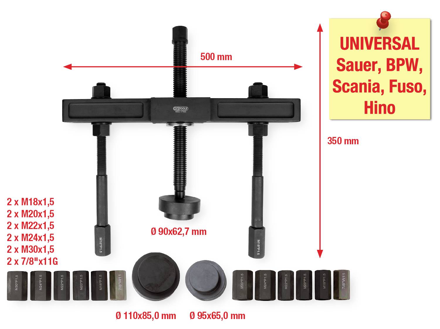 Abziehset für Achsen mit Maßen: 500x350 mm. Enthält verschiedene Aufsätze und Adapter für Marken wie Sauer, BPW, Scania, Fuso, Hino.