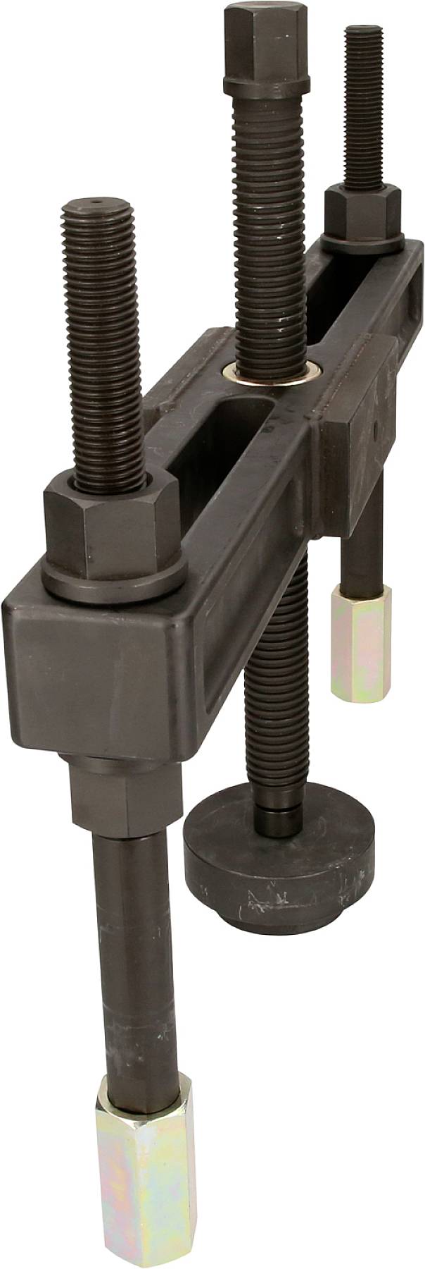 Ein mechanischer Abzieher mit zwei Spindeln und Haken, verwendet zum Entfernen von Lagern oder Zahnrädern von Achsen.