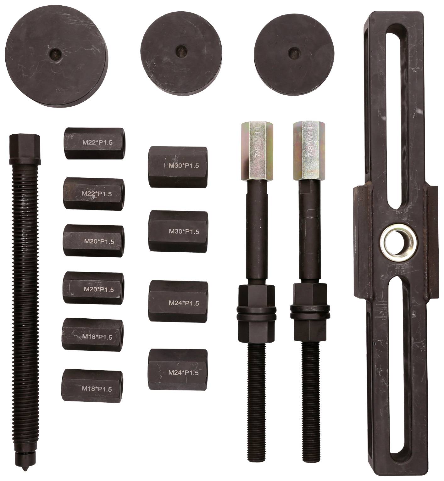 Ein Satz Auto-Radlager-Abzieher und -Adapter aus Metall in verschiedenen Größen; enthält Schrauben, Scheiben und ein Metallgestell.