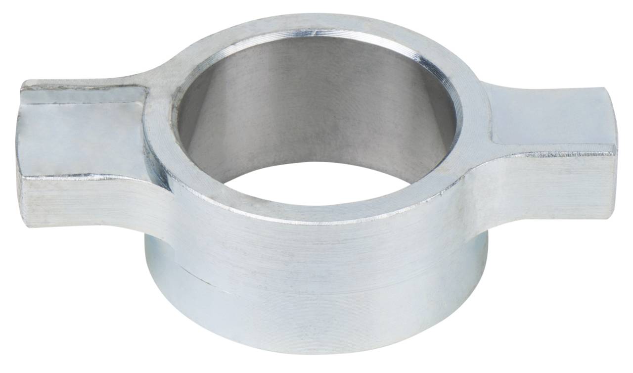 Ein silbernes Metallteil mit einem runden, hohlen Mittelteil und zwei seitlichen Flügeln.
