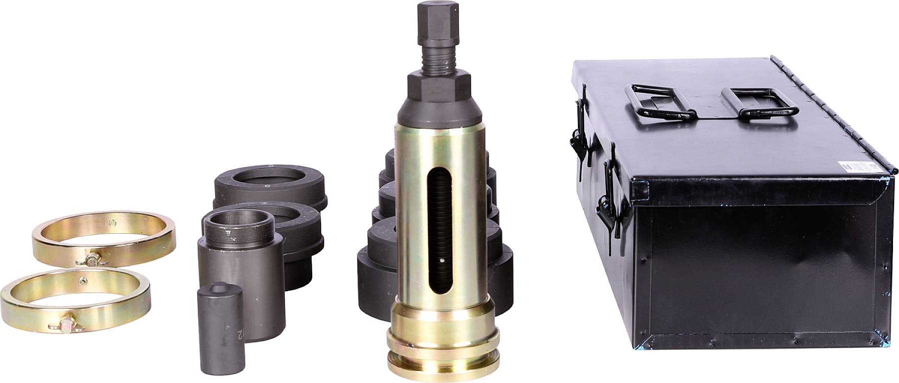 Werkzeugset zur Metallbearbeitung mit hydraulischem Abzieher, verschiedenen Aufsätzen und Metallbox.
