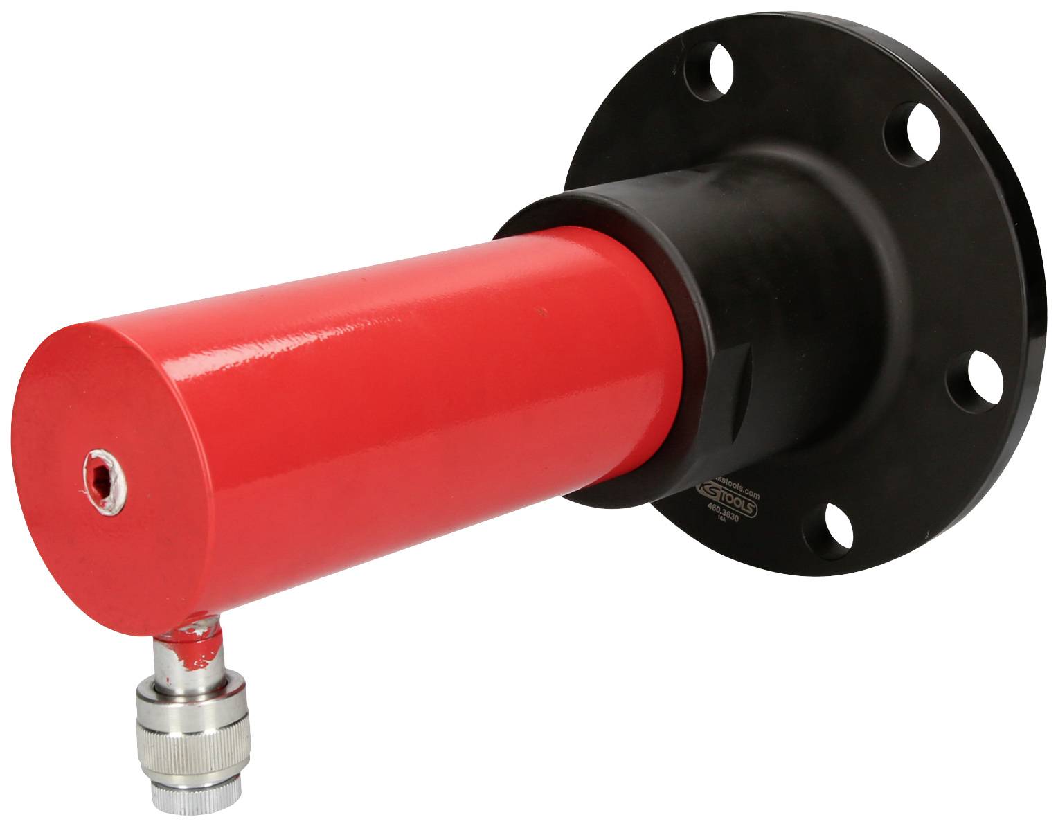 Roter, zylindrischer Metallzylinder mit schwarzer Montageplatte und Anschlussstück. Verwendet für industrielle Anwendungen.