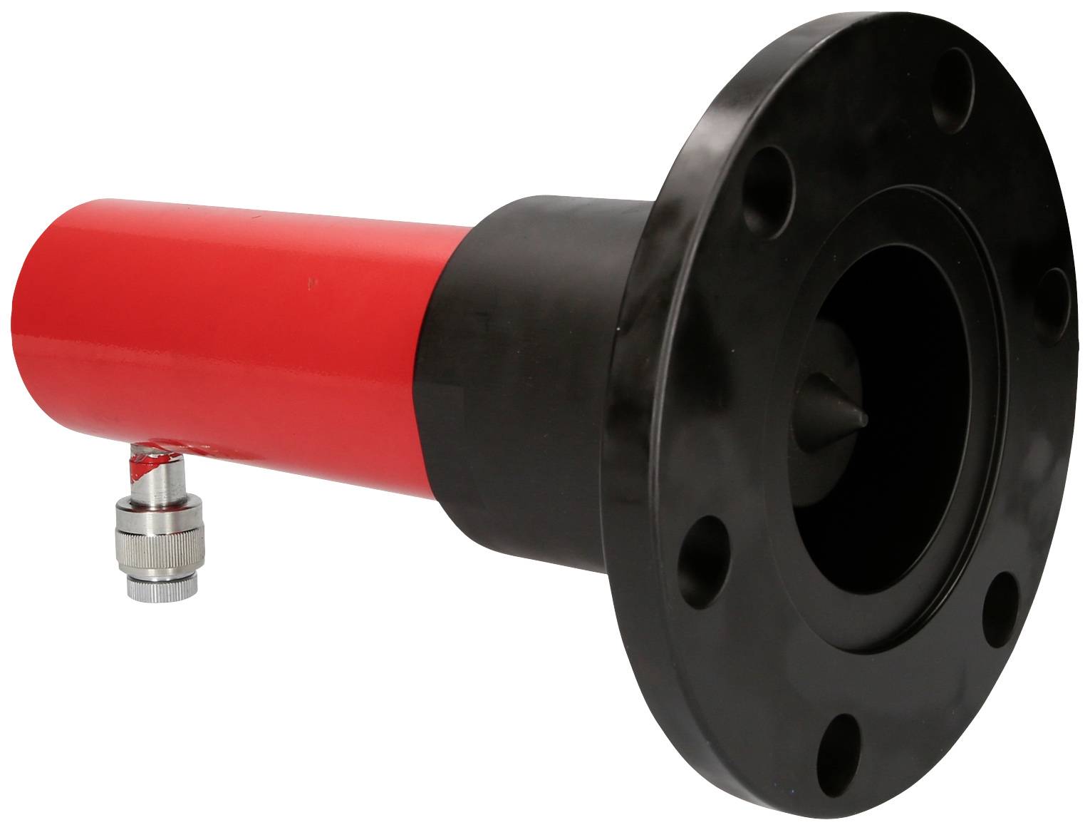 Rotes, zylindrisches Gerät mit schwarzem Flansch und seitlichem Anschluss. Gerät zur industriellen oder technischen Anwendung.