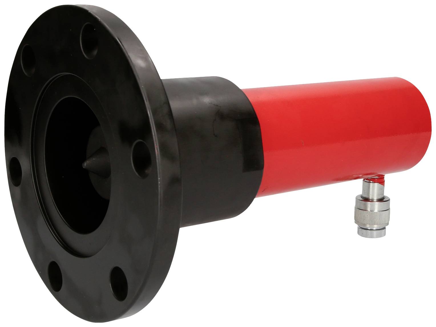 Ein rot-schwarzes Rohr mit Flansch, das eine mechanische Verbindung darstellt. Darauf ist ein silbernes Ventil montiert.