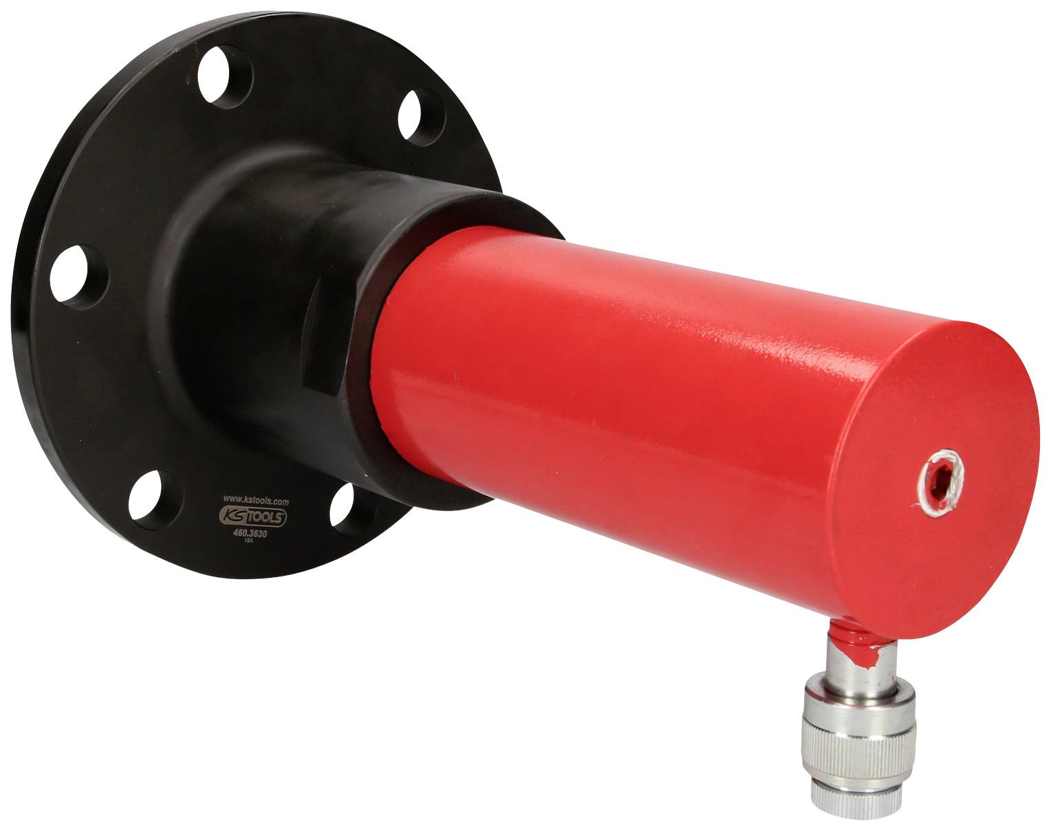 Roter Metallzylinder mit schwarzer Flanschplatte und silbernem Anschluss. Wahrscheinlich ein mechanisches oder hydraulisches Bauteil.