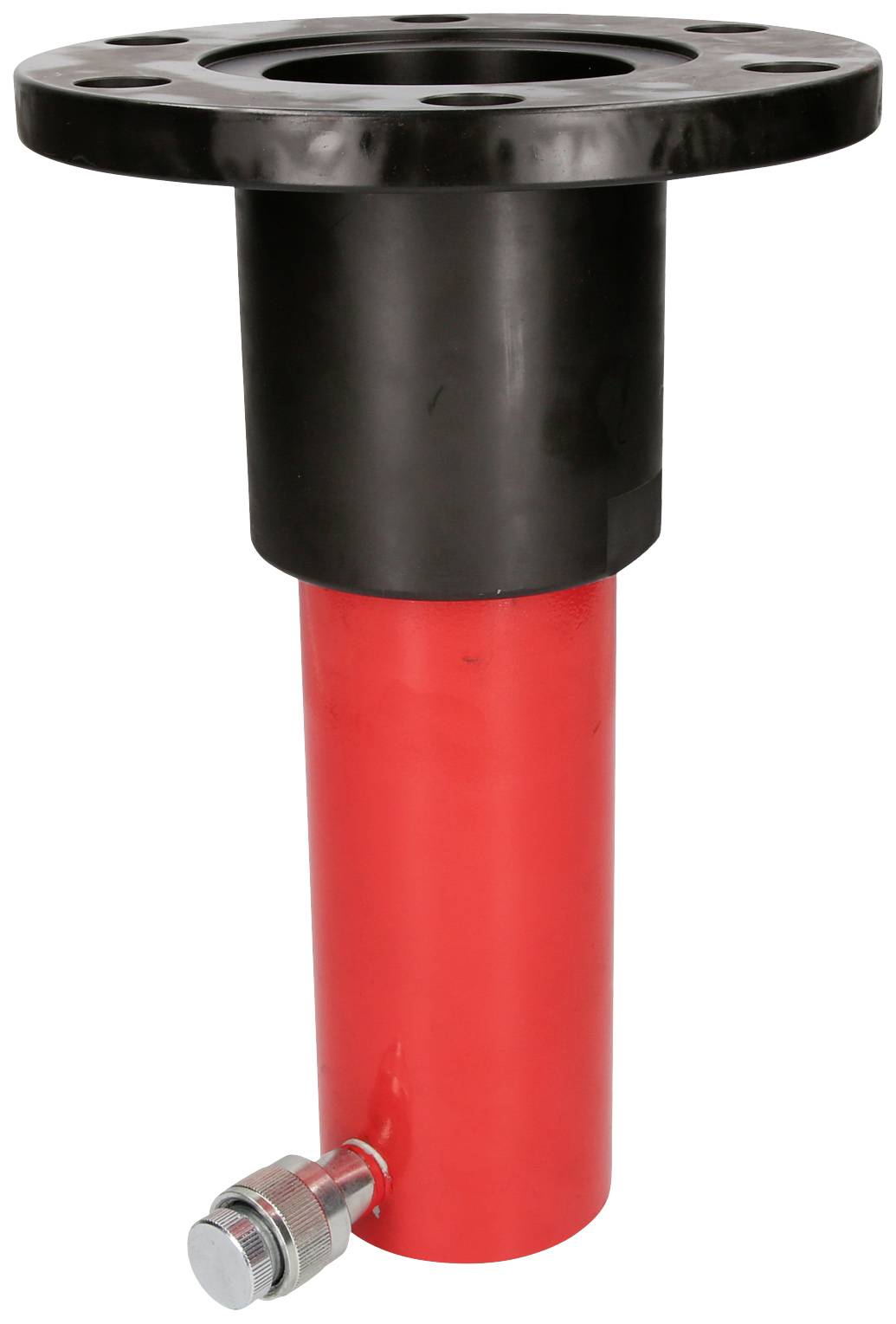 Ein rotes und schwarzes zylindrisches Metallteil mit einer Flanschbasis oben und einem Schraubventil unten.