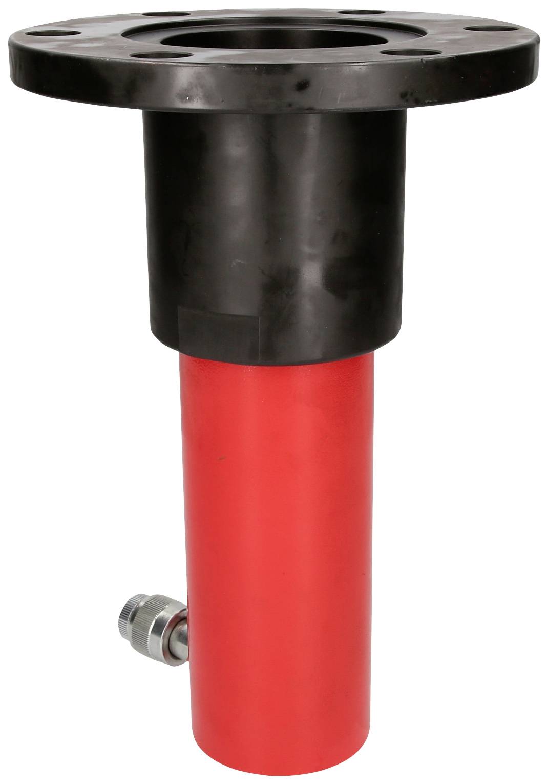 Rotes hydraulisches Bauelement mit schwarzem Flansch und seitlichem Anschluss. Verwendet zur Steuerung in hydraulischen Systemen.