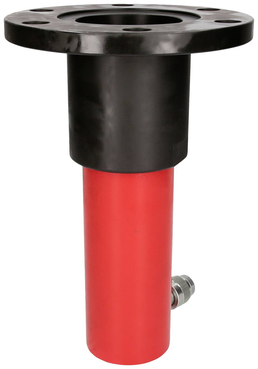 Roter und schwarzer Hydraulikzylinder, vertikal positioniert mit mehreren Schraublöchern am oberen Flansch.