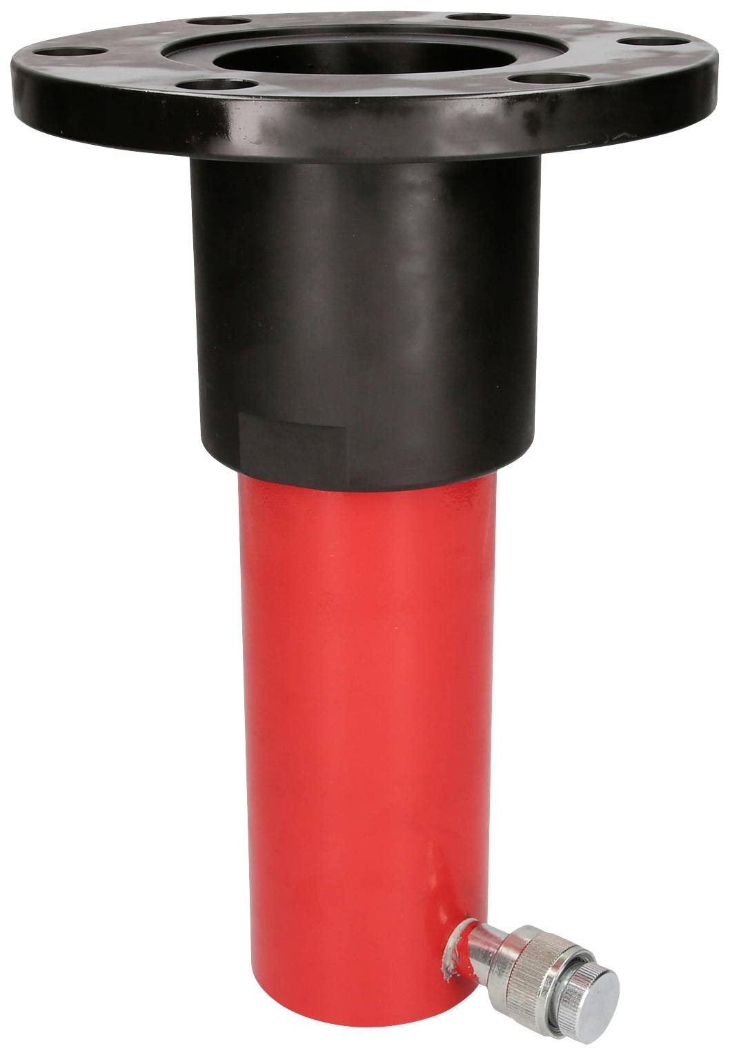 Ein roter, zylindrischer Hydraulikzylinder mit schwarzem Flansch und Metallventil unten. Verwendet für industrielle Anwendungen.