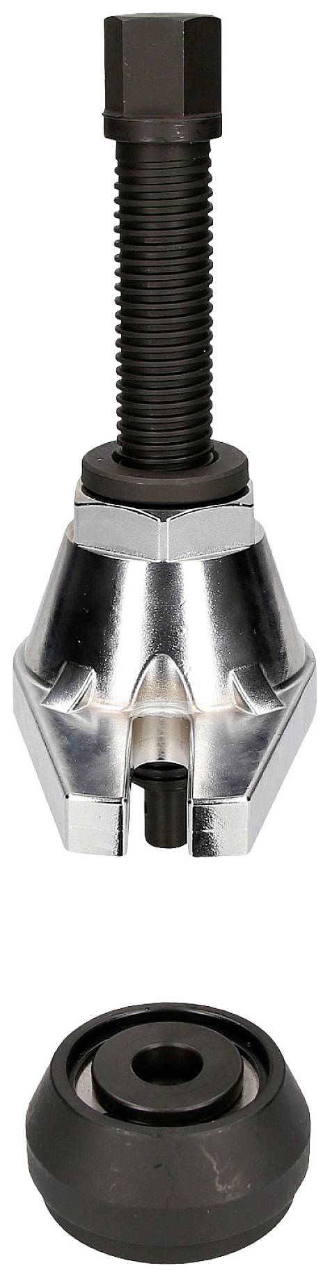 Ein Metall-Werkzeug mit Schraube und einer Adapterkomponente, möglicherweise verwendet für Befestigungen oder Verbindungen in mechanischen Anwendungen.