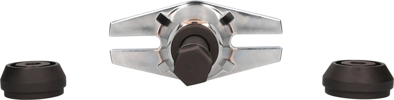 Ein dreiteiliger Abzieher für Stoßdämpfer mit zwei schwarzen Gummikappen. Der Abzieher hat zwei Metallarme und eine zentrale Schraube.