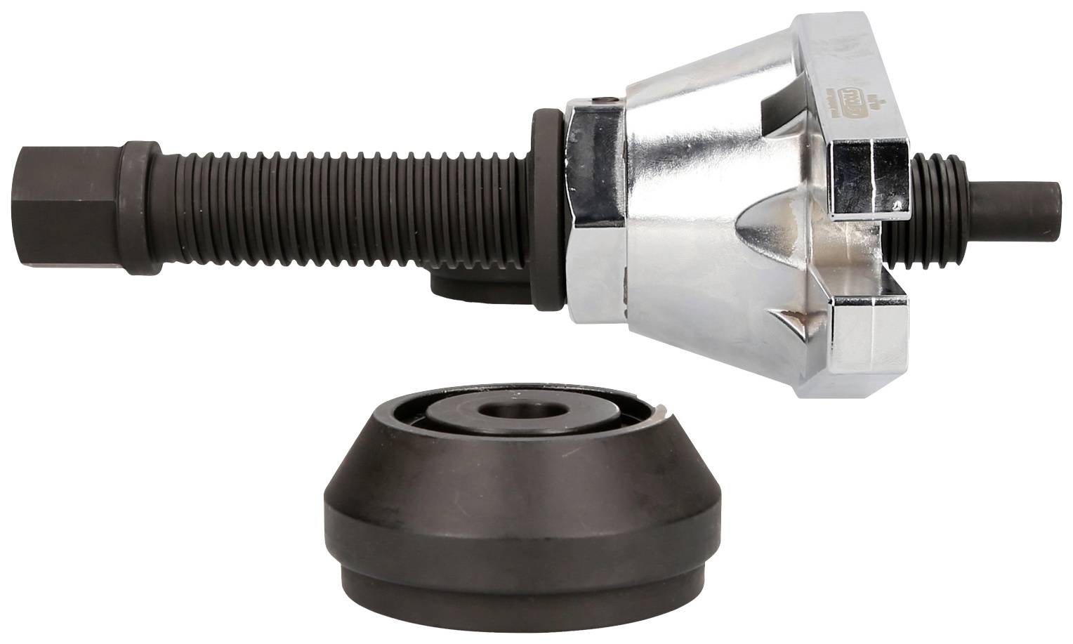 Ein Metallwerkzeug mit Gewinde und abnehmbarem, runden Aufsatz, vermutlich für mechanische Arbeiten oder Maschinenanwendung.
