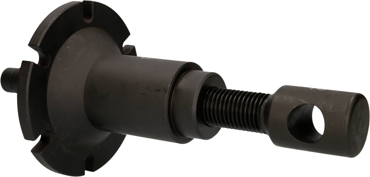 Schwarzes mechanisches Werkzeug mit Schraubengewinde und ringförmigem Element, vermutlich zur Montage oder Demontage.