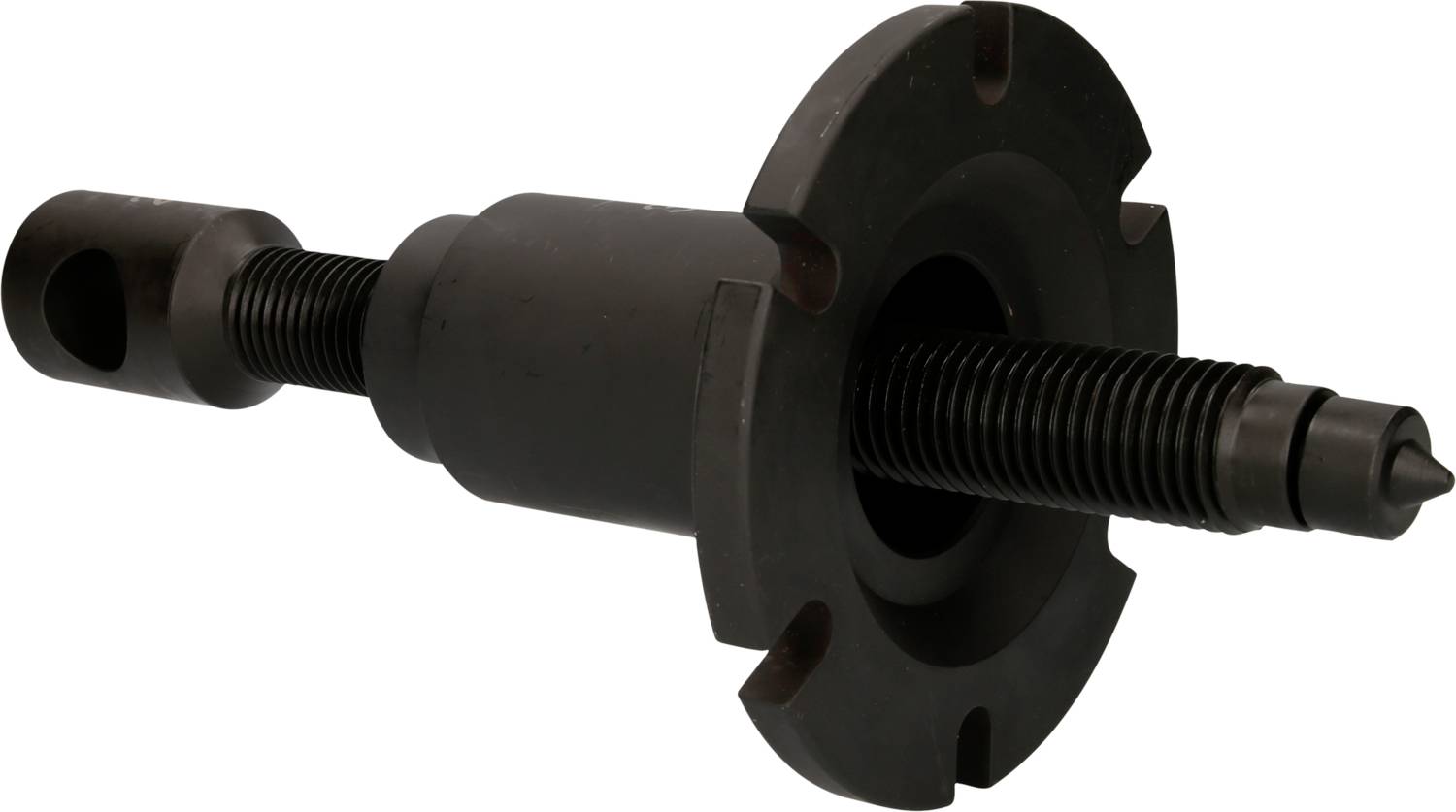 Ein schwarzes Metallwerkzeug mit Gewinde und flachem Kopf, möglicherweise ein Abzieher oder Spannwerkzeug, ausgerichtet auf einer Seite.