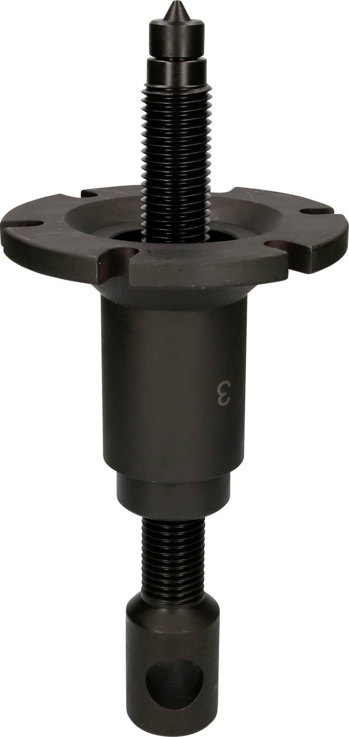 Metallischer Abzieher mit einer langen Schraube und breitem Gewinde, oben mit einem konischen Punkt. Werkzeug zur Entfernung von Lagern.