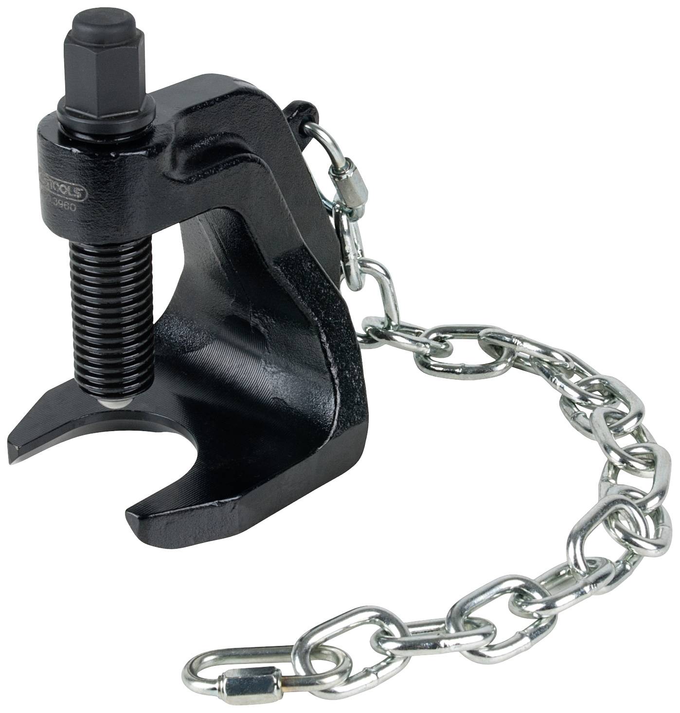 Schwarzer mechanischer Trennabzieher mit Kette, verwendet zum sicheren Abziehen von Lagern oder Zahnrädern von einer Welle.