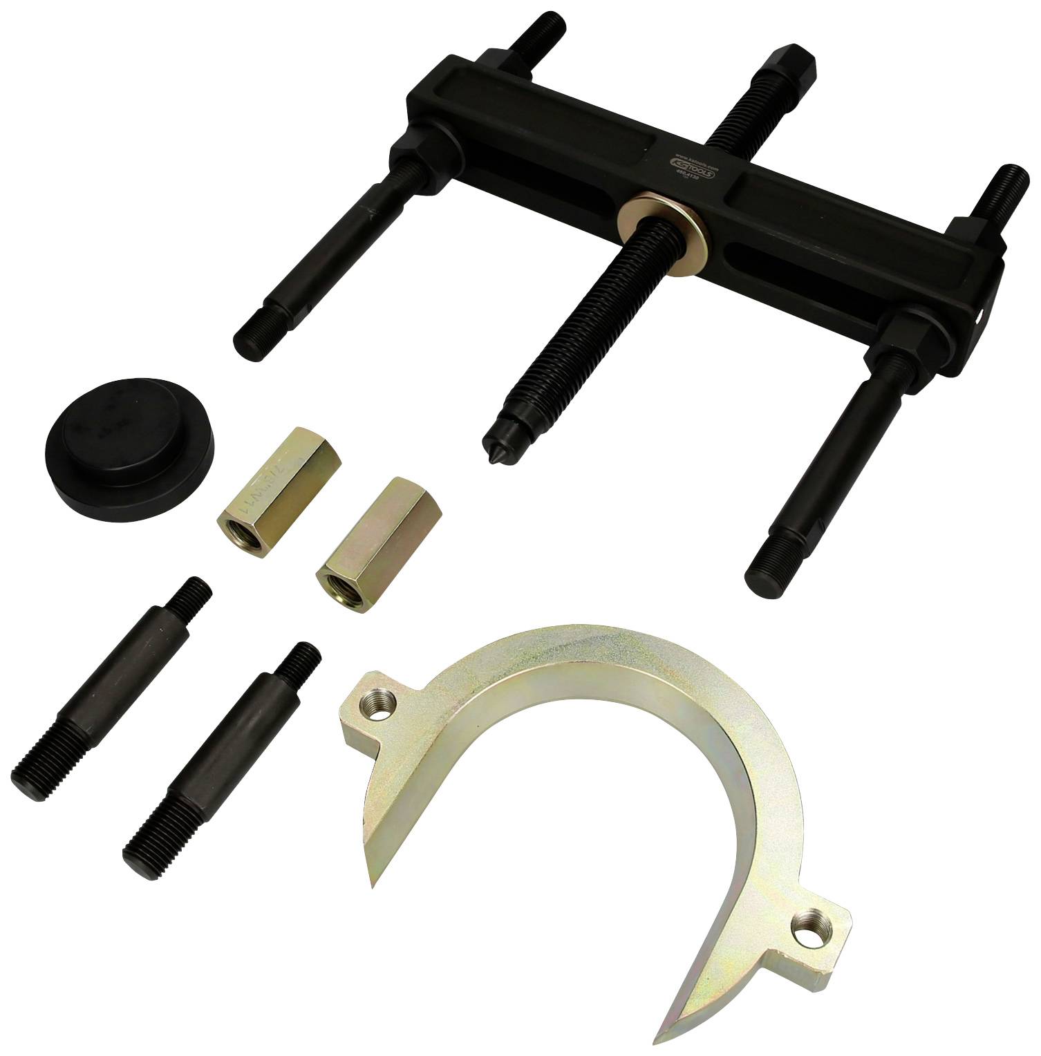 Ein Abzieher-Set mit mehreren Komponenten, darunter zwei lange Schrauben, zwei kurze Schrauben, ein Haltering und zwei Zylinder.用于汽车reparaturen.