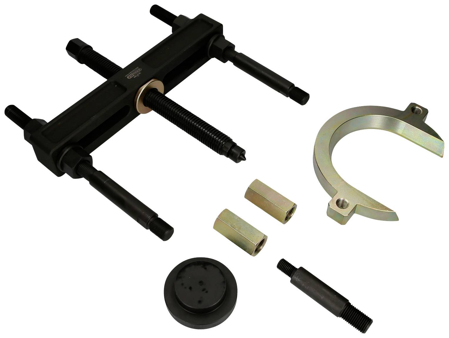 Einzugs- und Abziehwerkzeug-Set aus Metall, bestehend aus verschiedenen Schrauben und einem Haltebügel, zur Montage und Demontage.