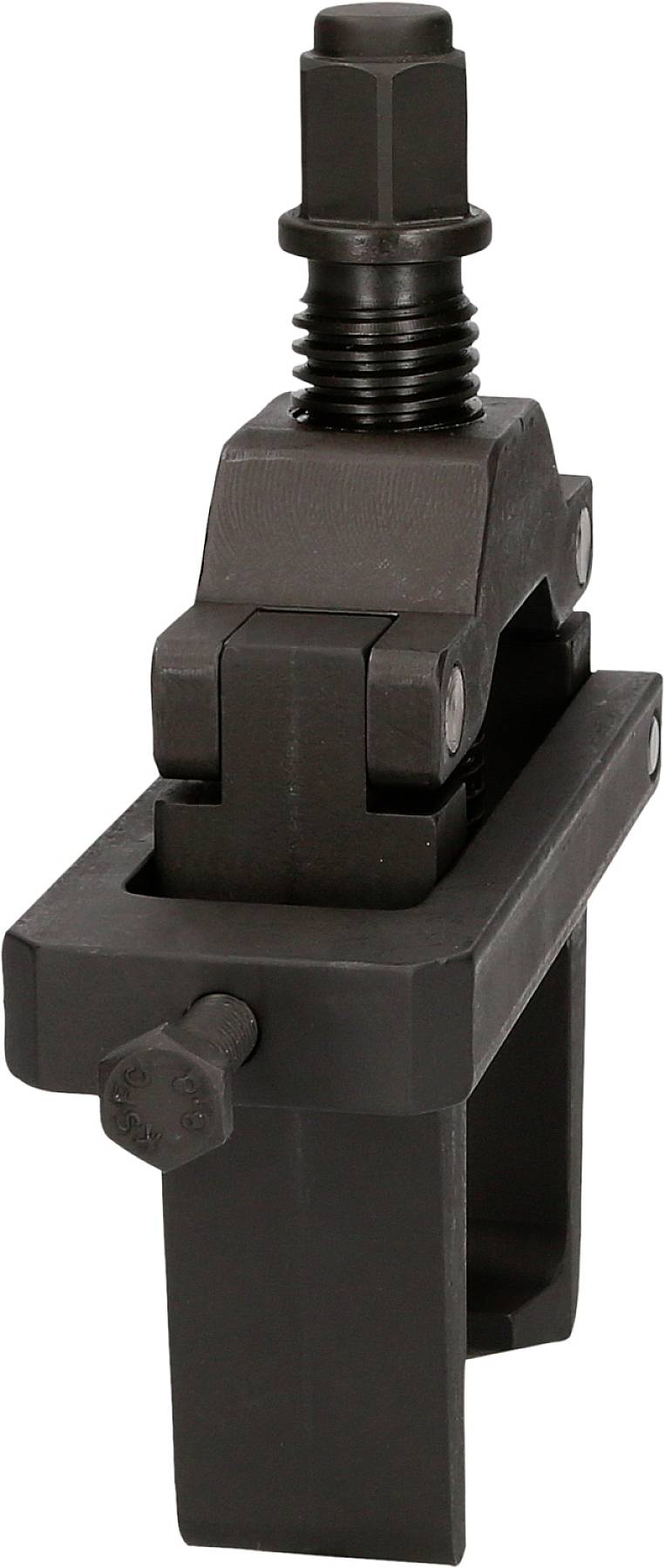 Ein schwarzer Werkstückhalter mit Schraubmechanismus; wird verwendet, um Objekte stabil in einer bestimmten Position zu halten.