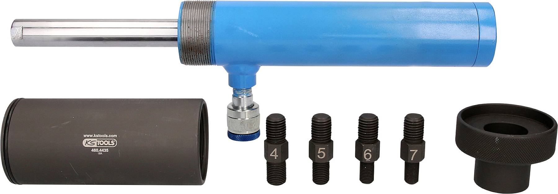 Ein hydraulisches Werkzeug-Set mit blauem Zylinder, vier nummerierten Schraubenaufsätzen und einem schwarzen Rohradapter.