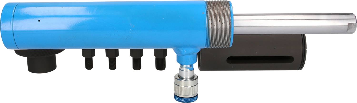 Hydraulischer Zylinder in Blau mit silbernem Stangenende, daneben vier schwarze Zylinder-Befestigungen und eine schwarze Halterung.