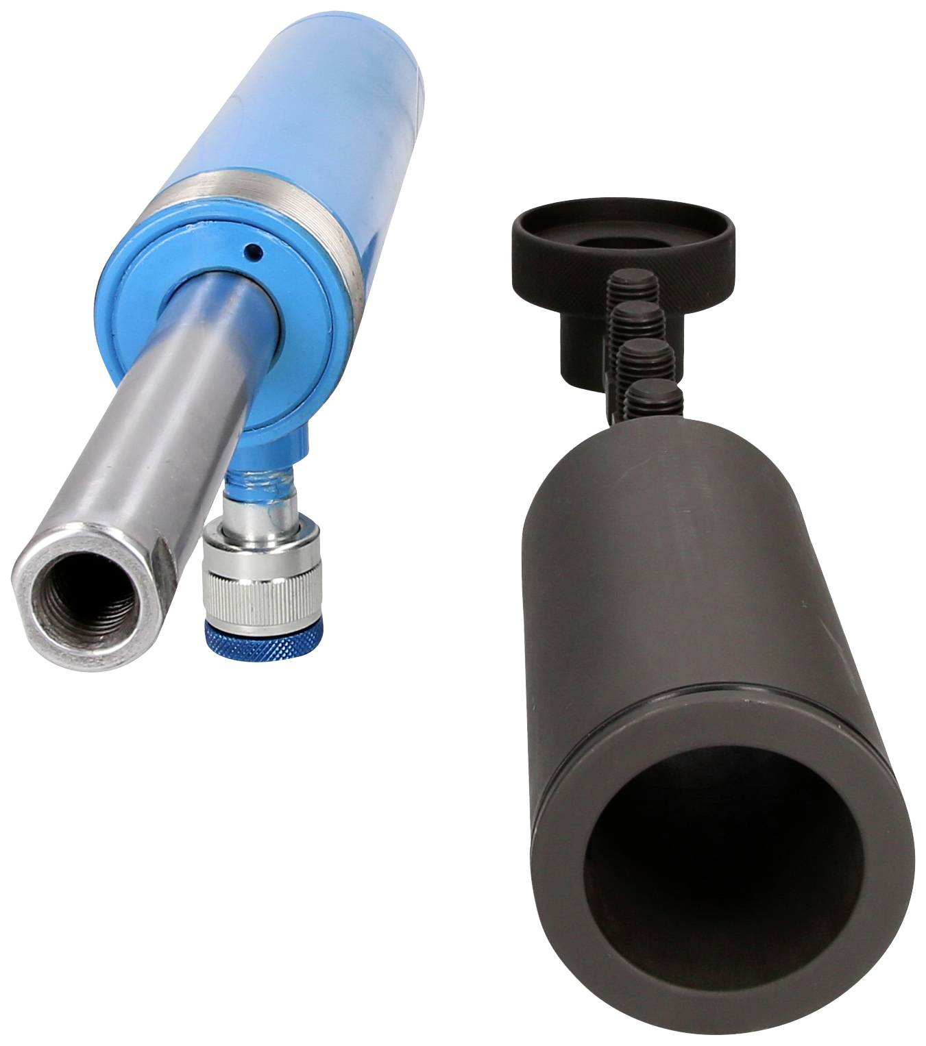 Zwei zylindrische Geräte, eines blau und metallisch, das andere schwarz, nebeneinander. Möglicherweise industrielle Werkzeuge.