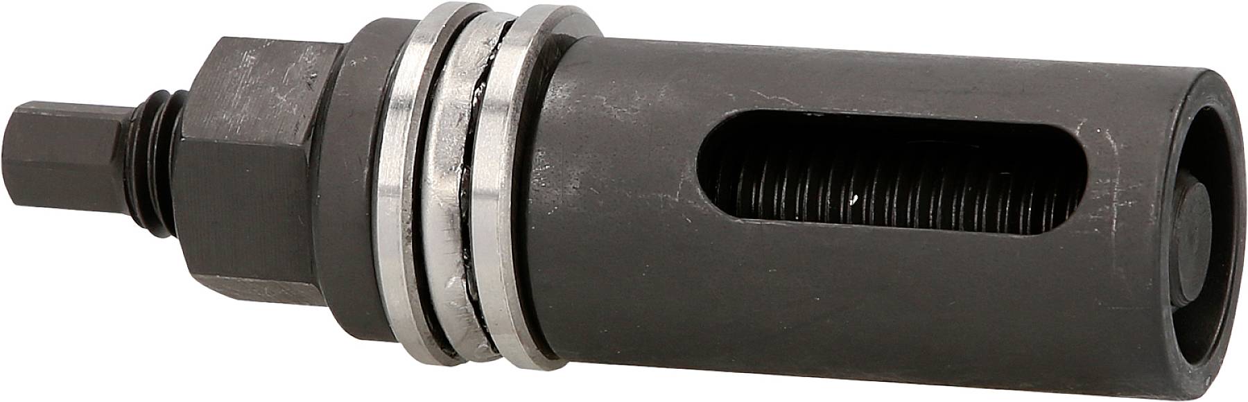 Ein Bauwerkzeug mit zylindrischem Körper, Aussparung und Schraubengewinde, möglicherweise ein Teil eines Abziehers oder Werkzeugsatzes.