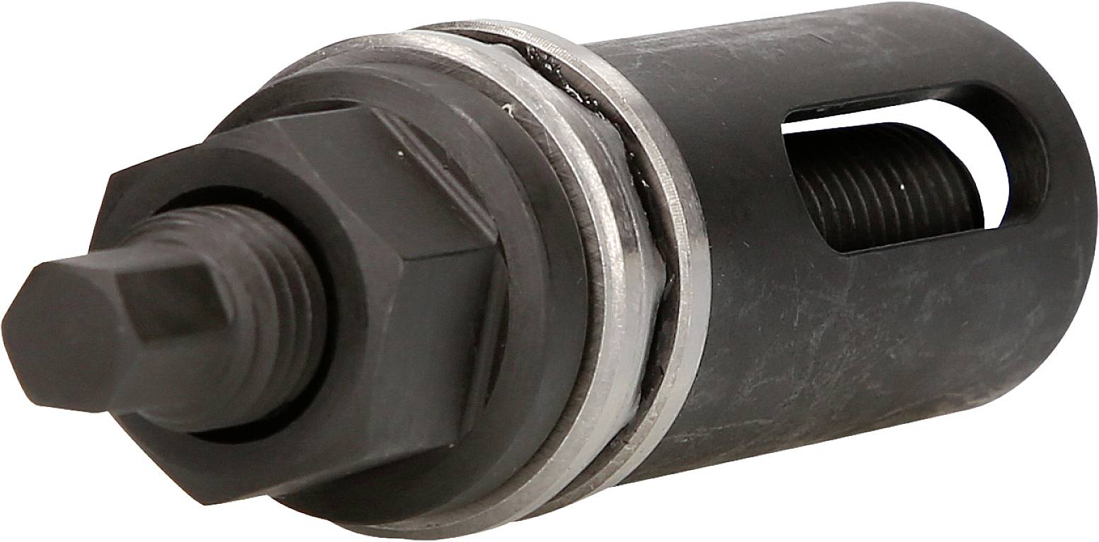 Ein schwarzes, zylindrisches Autowerkzeug mit Gewinde und einer Öffnung an der Seite, vermutlich ein Abzieher oder Spezialwerkzeug.