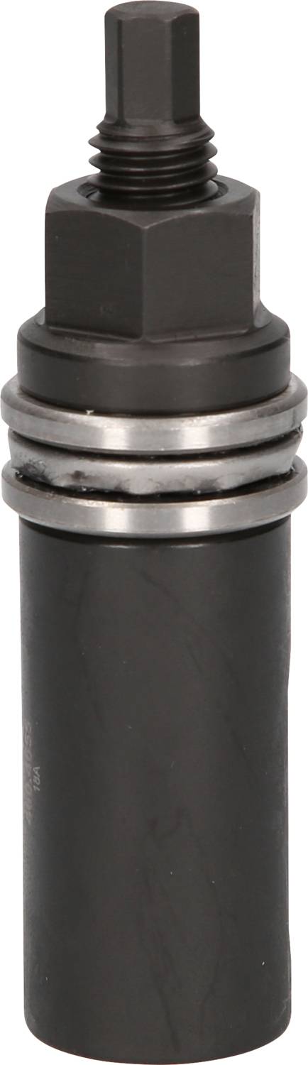 Schwarze zylindrische Metallkomponente mit zwei silbernen Ringen und einem Schraubmechanismus oben.
