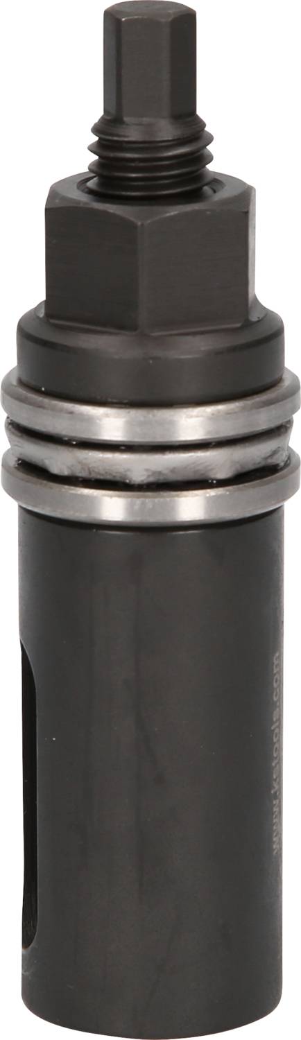 Ein zylindrisches Metallteil mit Gewinde und Rillen, vermutlich ein Maschinenteil oder Werkzeugaufsatz, in dunkler Farbe.