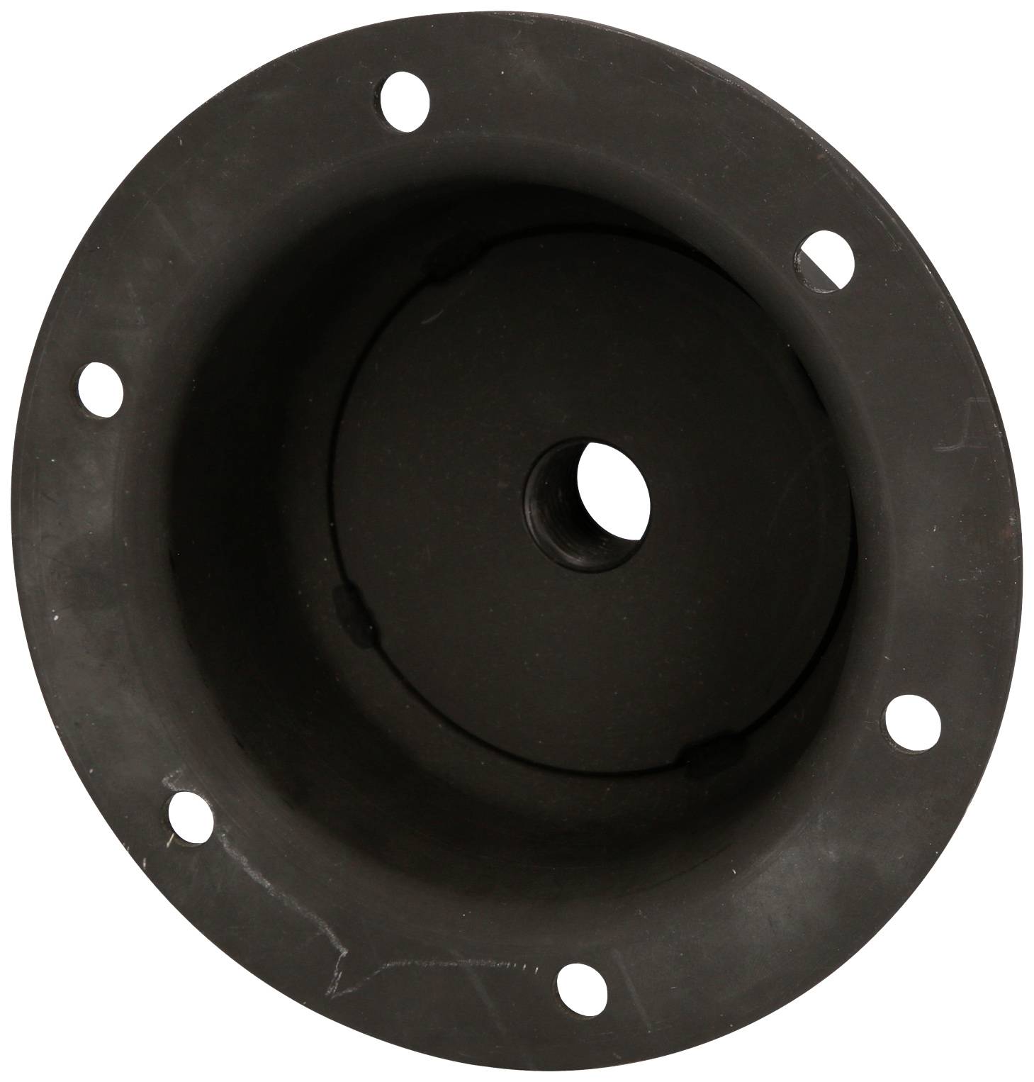 Schwarze Gummimembran mit zentralem Loch und mehreren Befestigungslöchern am Rand, oft in Maschinen oder Pumpen verwendet.