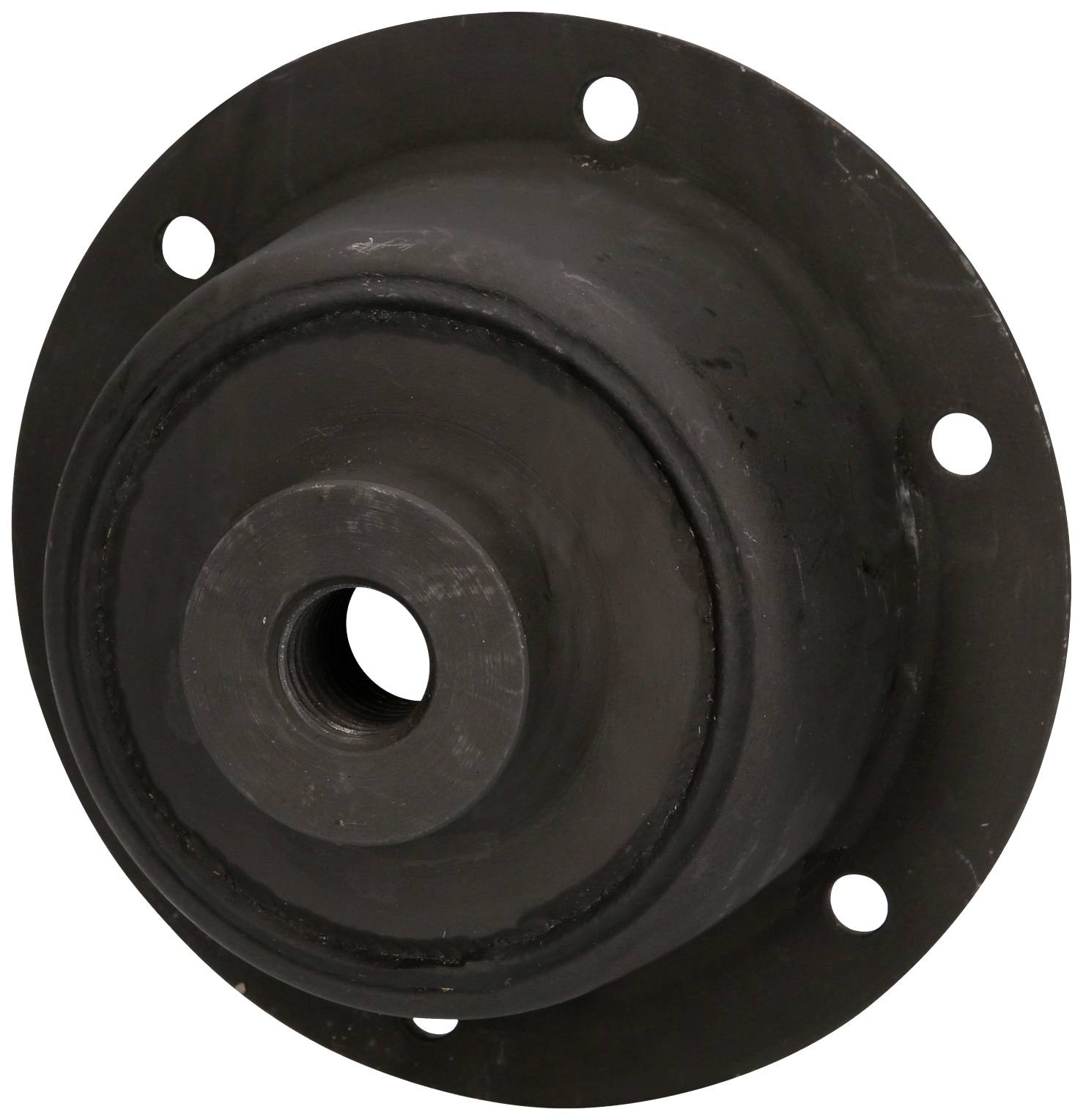 Ein rundes, schwarzes Maschinenteil aus Metall mit zentraler Öffnung und mehreren Befestigungslöchern am Rand.