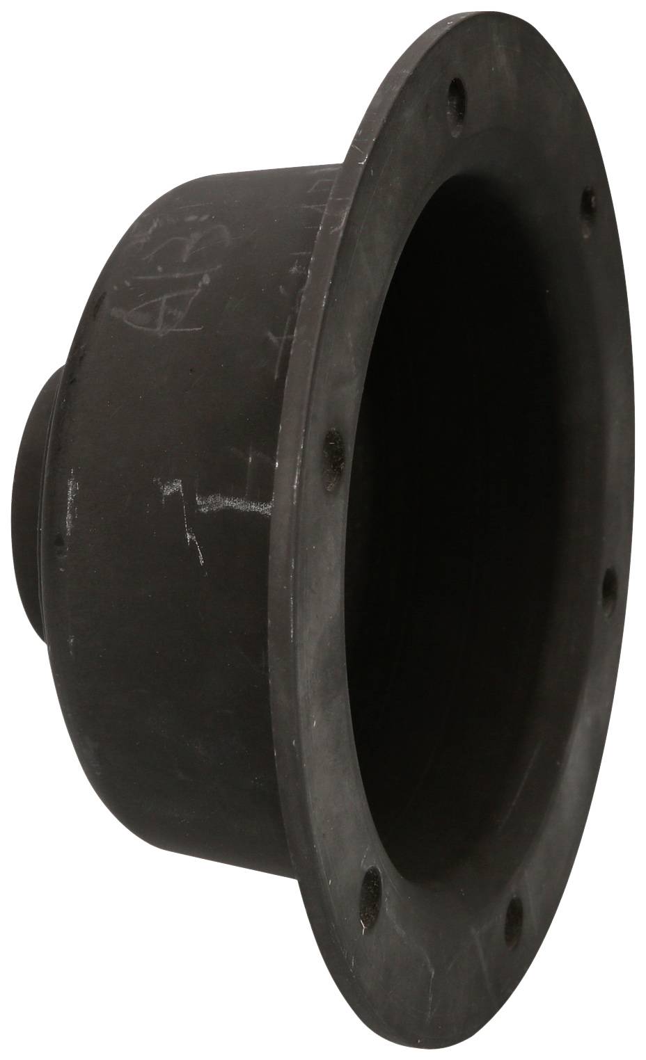 Ein schwarzes, zylindrisches Metallteil mit Flansch und Lochmuster am Rand.