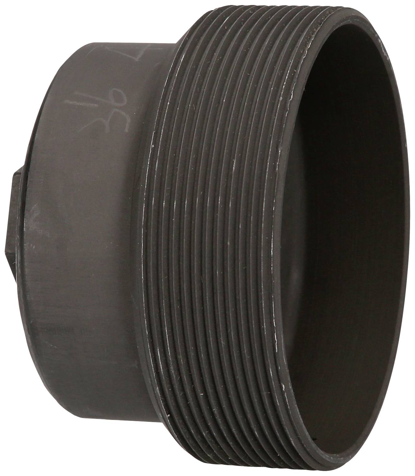 Schwarzer Kunststoff-Adapter mit Gewinde, zylindrische Form. Verwendet zum Verbinden von Rohren oder Schläuchen in Sanitärsystemen.
