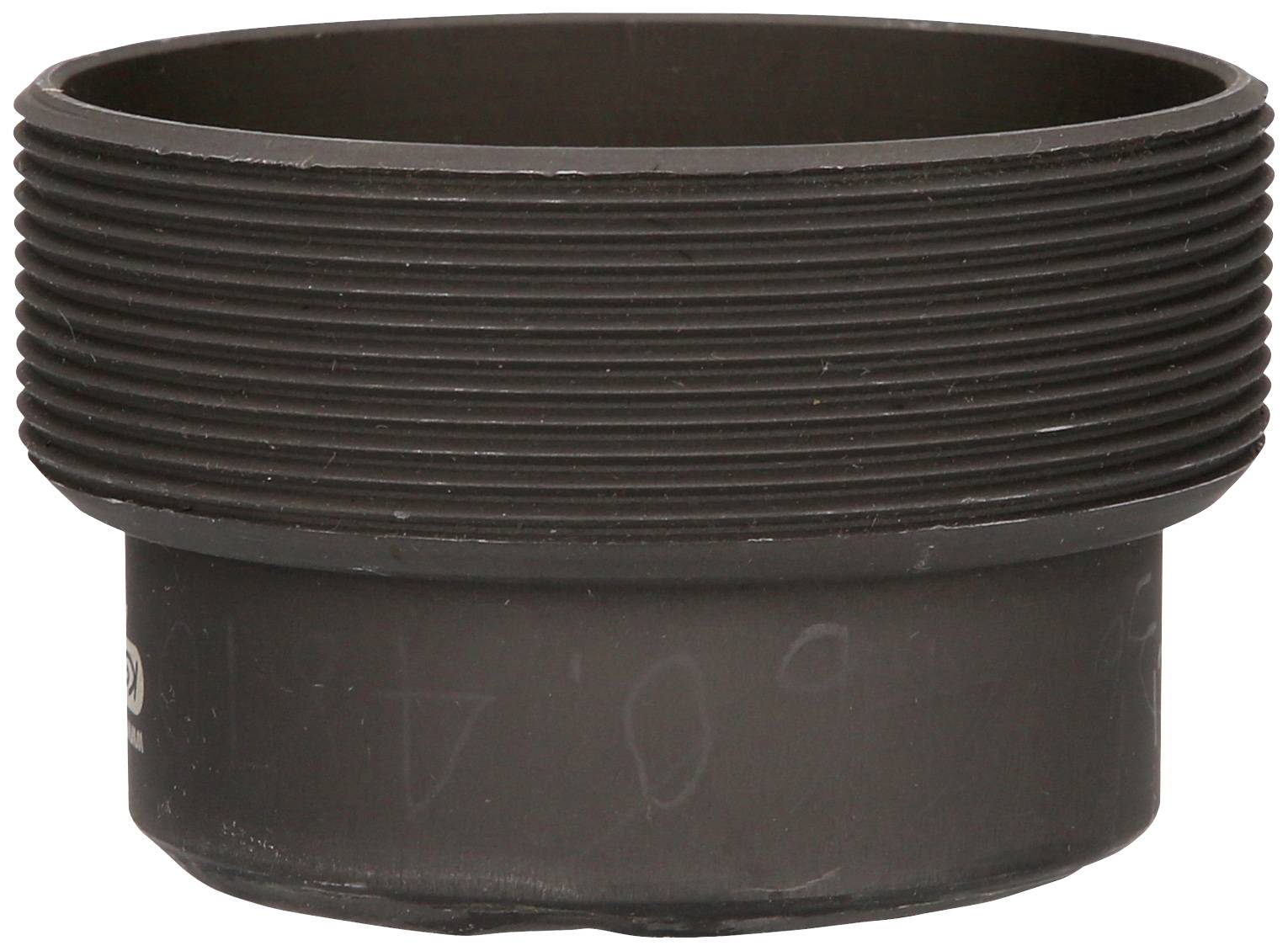 Schwarzes, zylindrisches Kunststoffteil mit Rillen, möglicherweise ein Adapter oder Anschlussstück.