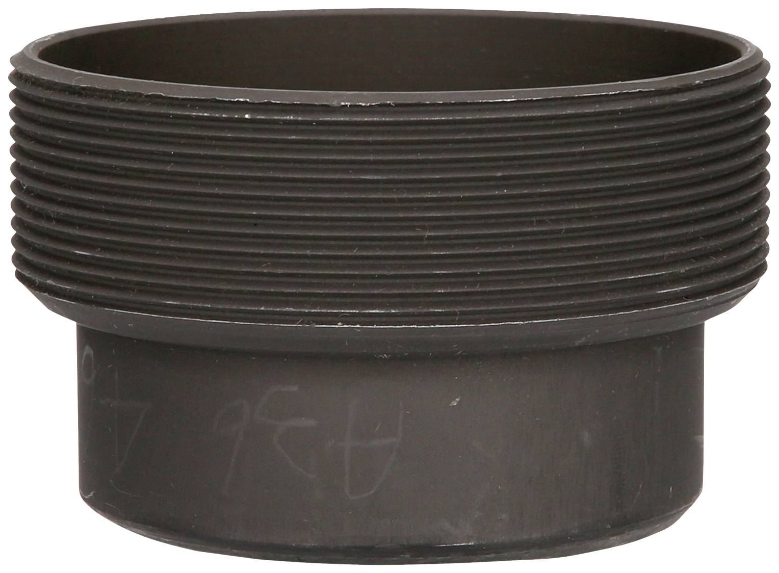 Ein schwarzer, zylindrischer Adapter mit gerilltem Außenrand. Verwendet für Rohrverbindungen.
