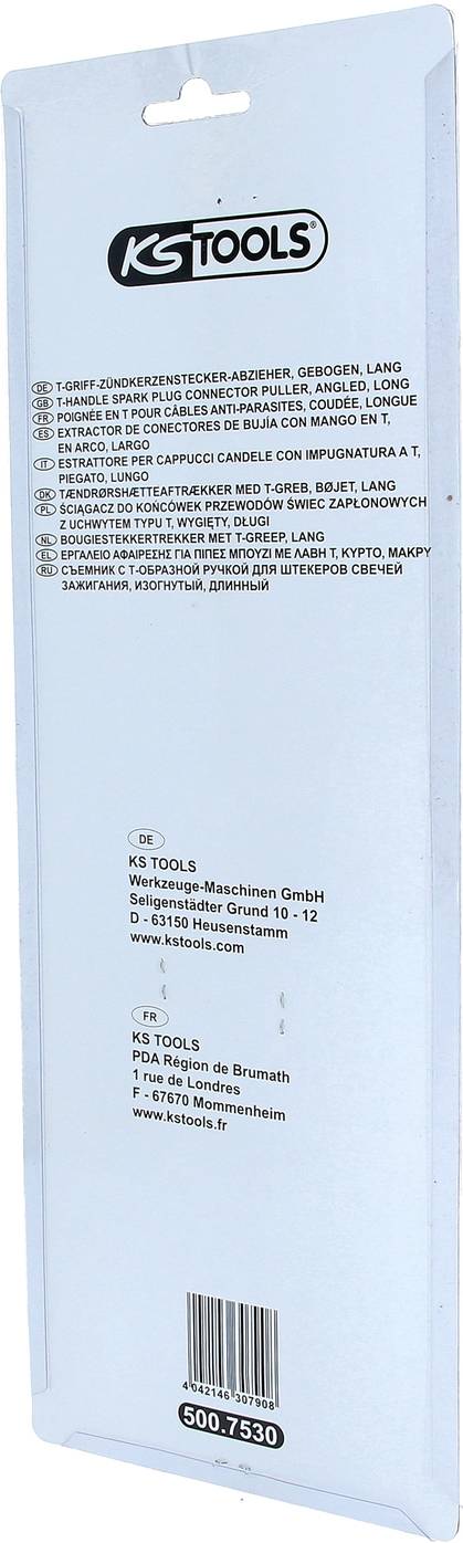 Rückseite einer KS Tools Verpackung mit Produktenummer, Herstellername und Adresse. Die Verpackung ist hellblau.